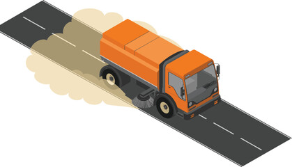 Isometric street cleaning truck sweeping road with rotating brushes, municipal service vehicle, urban sanitation, road maintenance illustration © Mst Nurnehar Begum