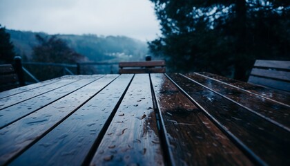 Wet wooden table outdoors with scattered raindrops and subtle reflections, cool moody tones creating a calm, atmospheric background with natural texture and rainy mood.