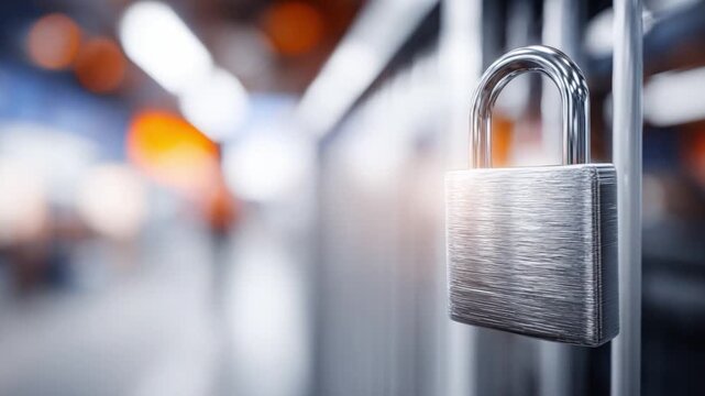 Locked Security: A close-up shot of a shiny, metallic padlock securely fastened to a metal gate. It's a visual metaphor for protection and safety, ideal for themes of security and data privacy.