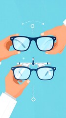 Hands holding eyeglasses against a light blue background, testing lens clarity & vision