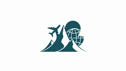 Travel agency logo featuring airplane, mountains, and globe, representing global adventures.