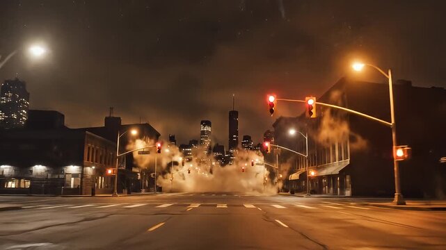 City Street Chaos with Smoke and Fire.