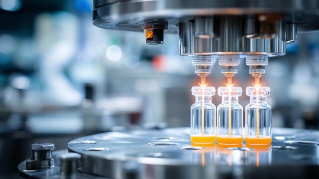 Precision in Production: Advanced machinery meticulously fills and seals vials with a vibrant orange liquid, symbolizing cutting-edge advancements in laboratory medicine.