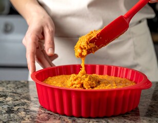 Hands filling red fluted mold with orange mixture on marble counter, white stove behind