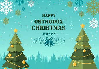 Happy Orthodox Christmas, January 7 Greeting Card with Trees and Snowflakes
