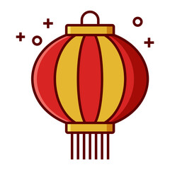 Red and gold Chinese lantern icon with tassel and sparkles isolated on transparent background.