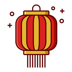Red and gold Chinese lantern with tassel and sparkles icon isolated on transparent background.