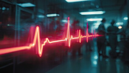 EKG pulse line superimposed on blurred hospital hallway with silhouetted figures