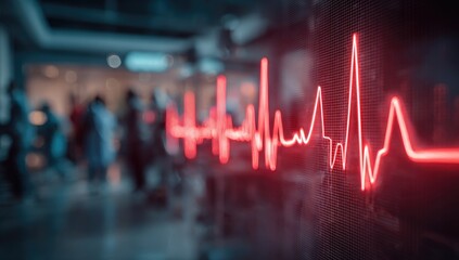 Red glowing heartbeat line pulses on screen, blurred crowd in background