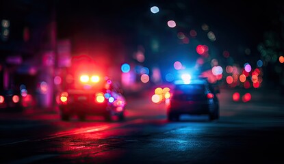 Night street scene with flashing emergency vehicle lights, blurred city bokeh