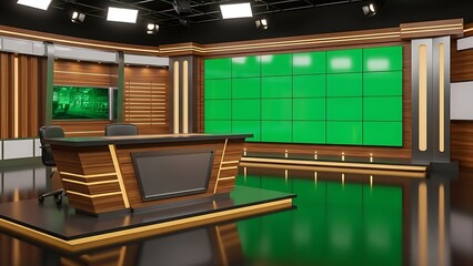 Professional Modern News Studio Desk Setup with Wooden Design, Integrated Monitors & Large Green Screen for Broadcasting & Live TV