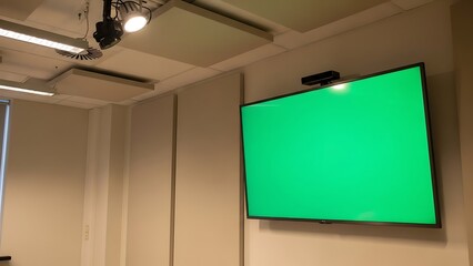 High-Resolution Modern Office Wall Digital Screen with Empty Green Display in Bright Conference Room Setting