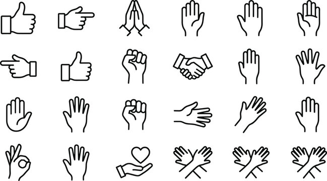 Hand gesture line icon set showing thumbs up pointing handshake open palm stop signal and support symbols isolated