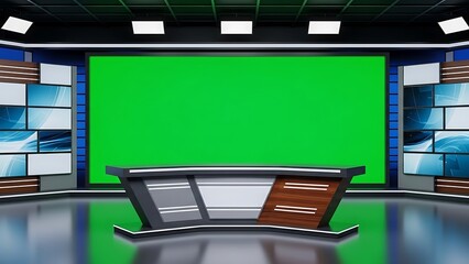 Futuristic Virtual News Studio with Green Screen, Sleek Anchor Desk & High-Tech Broadcasting Design for Multimedia Productions