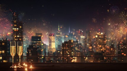 Champagne glasses on rooftop at night celebrating with city fireworks display
