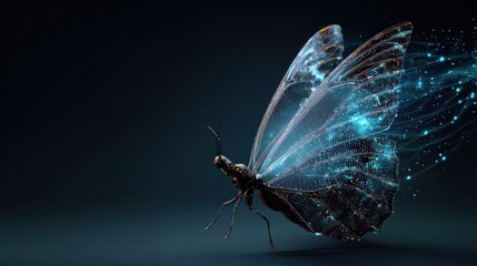 Digital butterfly illustration with glowing wings on a dark background