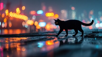 Black cat walking on wet surface at night with blurred city lights