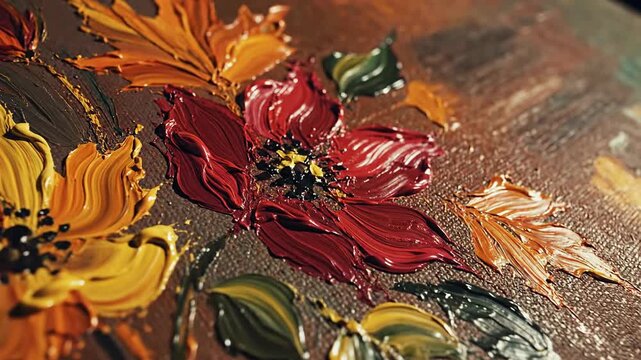A vibrant close-up captures the rich, textural beauty of an impasto oil painting depicting autumnal flowers and leaves. Thick, expressive brushstrokes bring the canvas to life with a palpable three-di