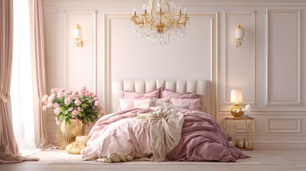 Elegant bedroom interior with bed chandelier and floral arrangement