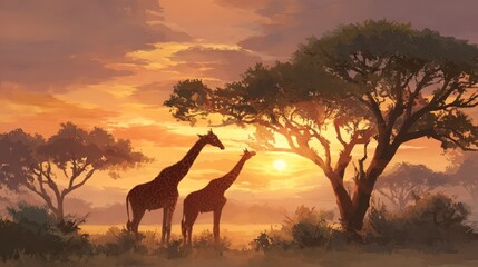 Giraffes silhouetted against sunset sky in african savanna landscape