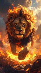 Regal lion, flames and light, golden mane, dramatic, powerful, running towards viewer