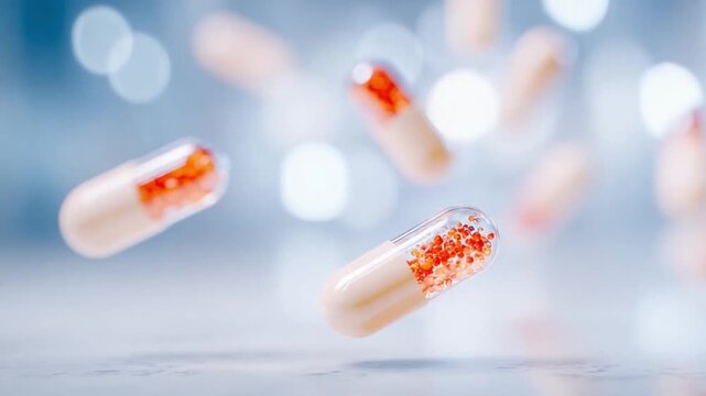 Capsule Medicine: A close-up shot of several capsules gracefully suspended mid-air, their shapes and textures accentuated by a soft focus and ambient lighting, creating an engaging visual experience.