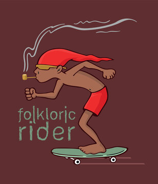 Cartoon-style illustration of Saci, a Brazilian mythological figure, riding a skateboard.
