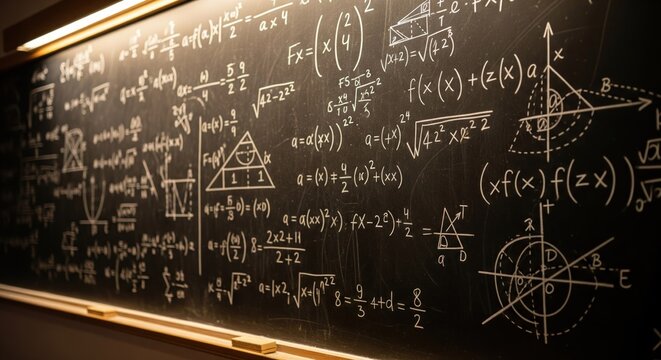 A chalkboard filled with complex mathematical formulas and diagrams in white chalk - Powered by Adobe