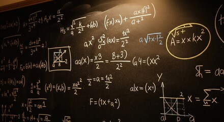 A chalkboard covered in white chalk formulas, equations, and diagrams, with light illuminating the surface