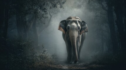 Elephant walking through forest misty atmosphere wildlife photography