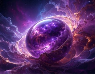 Purple cosmic orb engulfed in swirling nebula clouds, stars, and nebulas