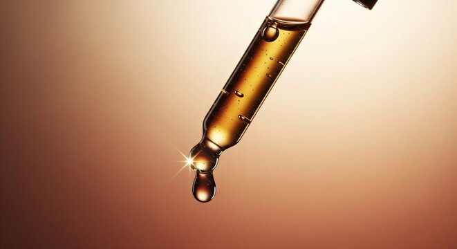 A close-up of a dropper filled with golden liquid, a single drop forming against a gradient background