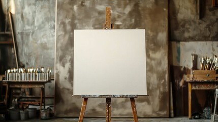 An artist's canvas, freshly primed with gesso and completely blank, resting on an easel in a studio filled with the scent of potential, surrounded by tubes of unopened paint, 