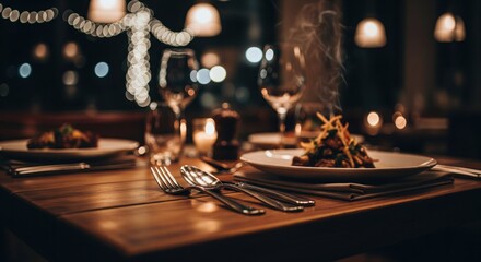 A cozy restaurant table set for dinner with plates, silverware, candles, and wine glasses, at night