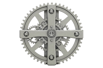 Silver metal gear mechanism with frame and cogwheels isolated on a transparent background
