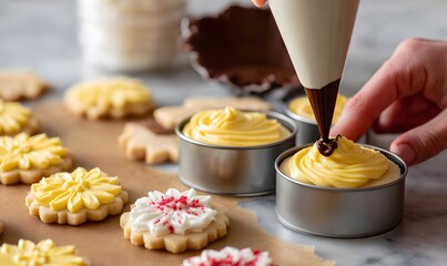 chocolate-covered cookies being sandwiched between two layers of yellow and white icing in small cookie tins, with one hand holding the tip of a precision piping bag tube