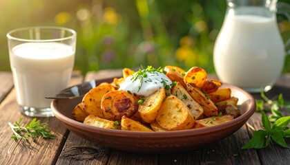Roasted potato wedges topped with a dollop of cream and served with drinks