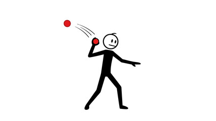 Athletic Stick Figure Man Throwing Red Ball with Strength and Focus on Isolated White Background