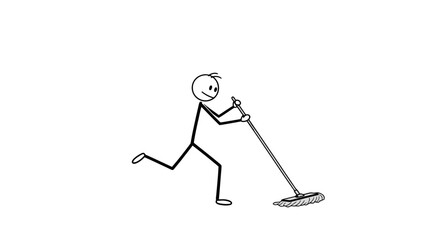 Diligent Stick Figure Man Sweeping Floor with Mop and Cleaning Actively on Isolated White Background