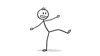 Happy Stick Figure Man Kicking Leg Up Playfully and Dancing on Isolated White Background