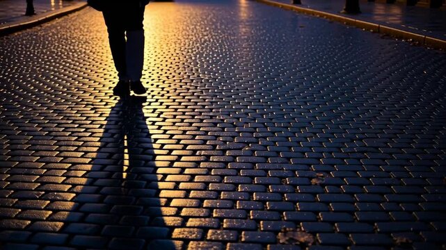 Night Walk - A Solitary Figure on a Cobblestone Street.
