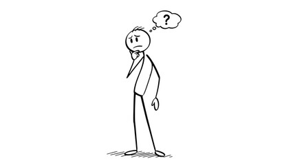 Confused Stick Figure Thinking with a Question Mark in a Thought Bubble, Pondering a Problem on an Isolated White Background