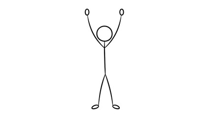 Excited Stick Figure Raising Arms in a Gesture of Victory and Celebration, on an Isolated White Background