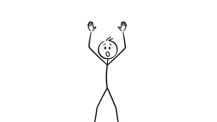 Shocked Stick Figure Man with Hands Raised in Astonishment on an Isolated White Background