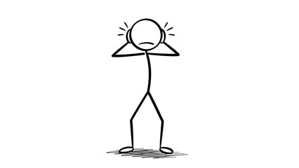 Stressed Stick Figure Holding Head with Hands, Expressing Headache and Frustration, on an Isolated White Background