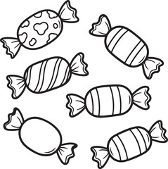 Several wrapped candies with different shapes and sizes are scattered randomly on a plain background in the image.