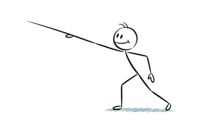 Smiling Stick Figure Man Patiently Fishing with a Rod on an Isolated White Background