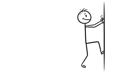 Happy Stick Figure Climbing Over a Wall, Looking with Curiosity, on an Isolated White Background
