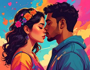 Romantic illustration of couple about to kiss, surrounded by vibrant colors