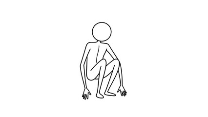 Stick Figure Squatting Down in a Resting Pose, Observing or Taking a Break, on an Isolated White Background